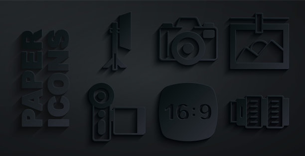 设置相框16，影院相机，相机照片镜头，和工作室灯泡软盒图标。向量图片下载