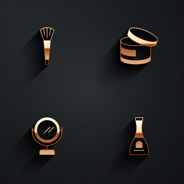 设置化妆刷，乳霜或乳液化妆管，圆形化妆镜和一瓶指甲油图标与长阴影。向量图片下载