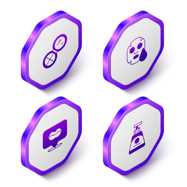 设置等距化妆粉与镜子，面部美容面膜，微笑嘴唇和乳霜乳液管图标。紫色六角形扣子。向量图片下载