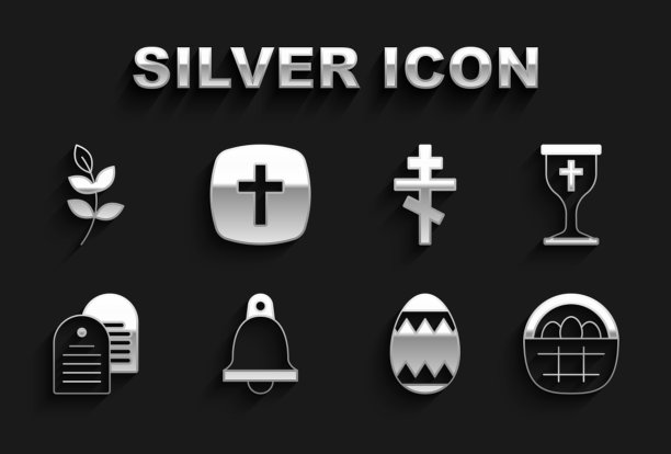 设置教堂钟，基督教圣杯，复活节彩蛋篮，复活节，圣经书，十字架，柳叶和圣像。向量图片下载