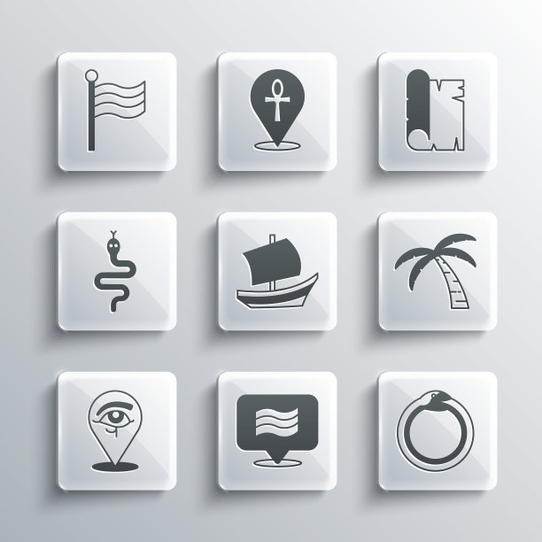 设置埃及国旗，衔尾蛇的魔法符号，热带棕榈树，埃及船，眼睛荷鲁斯，蛇，和纸莎草卷轴图标。向量图片下载