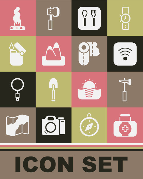 设置急救箱，锤子，Wi-Fi无线互联网，叉子和勺子，山，打火机，篝火和纸巾卷图标。向量图片下载
