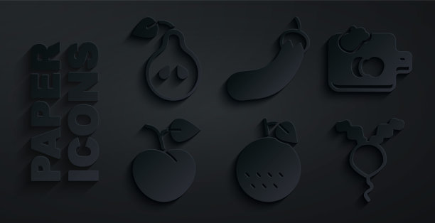 设置橘子水果，砧板与蔬菜，桃子或油桃，萝卜，茄子和梨图标。向量图片下载