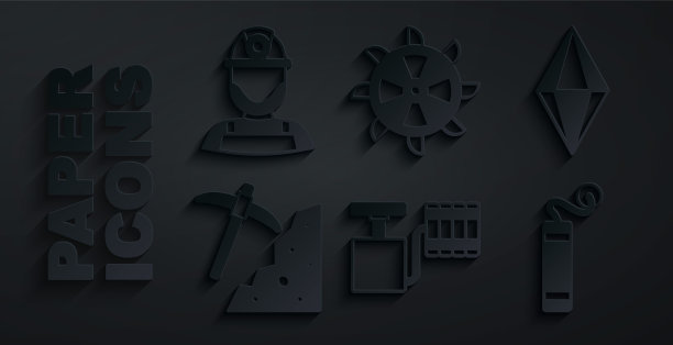 在头盔图标中设置手柄雷管，宝石石，鹤嘴锄，炸药，斗轮挖掘机和矿工。向量图片下载