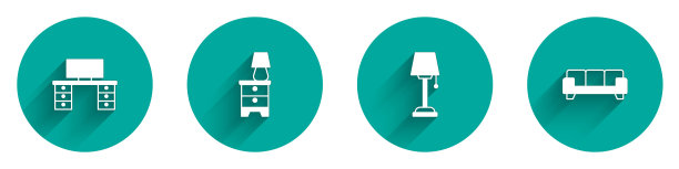 办公桌、家具床头柜配灯、地板、沙发图标配长影子。向量图片下载