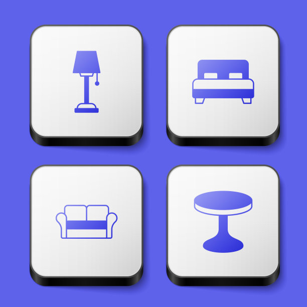设置落地灯，大床，沙发和圆桌图标。白色方形按钮。向量图片下载