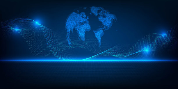 矢量说明高科技和未来的水平数字空间与波线框点连接和全息数字蓝色地球仪。数字数据创新和传播概念。图片下载