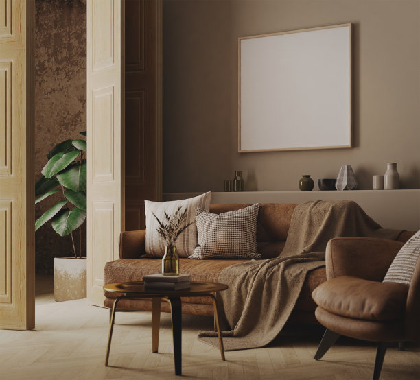 海报框架模型在棕色客厅，沙发，扶手椅和桌子。三维渲染图片下载