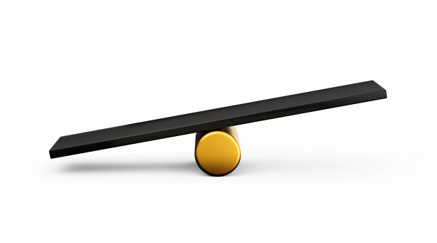 3d黑色平衡重量跷跷板，倾斜左侧到地面上的白色背景，3d插图图片下载