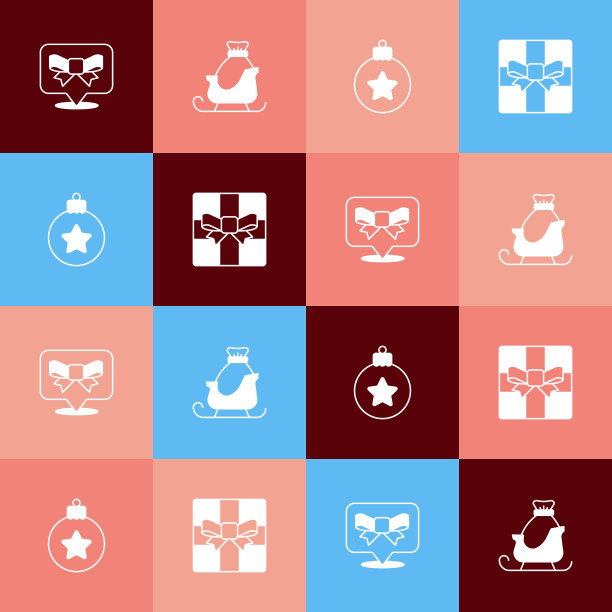集流行艺术礼品蝴蝶结，圣诞老人雪橇，球和盒子图标。向量图片下载