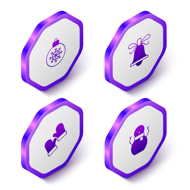 设置等距圣诞球，铃声，手套和雪人图标。紫色六角形扣子。向量图片下载
