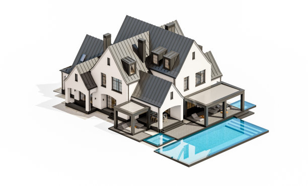 白色和黑色的现代都铎式房子孤立在白色的3d渲染图片下载