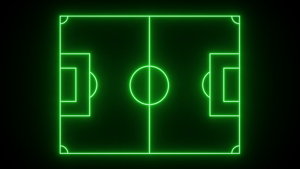 足球球场与绿色霓虹灯在黑色背景- 3D插图图片下载