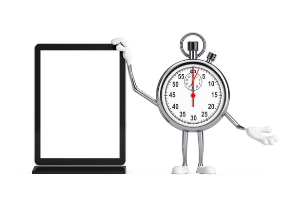 现代秒表卡通人物角色吉祥物与空白贸易展液晶显示屏显示支架为模板为您的设计。3d渲染图片下载
