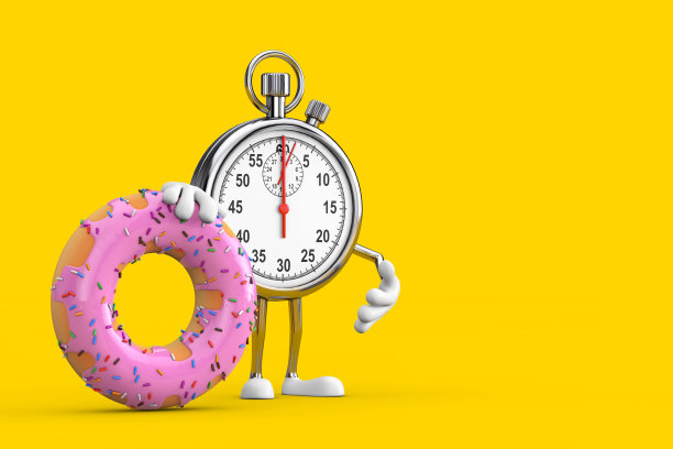 现代秒表卡通人物角色吉祥物大草莓粉釉面甜甜圈。3d渲染图片下载