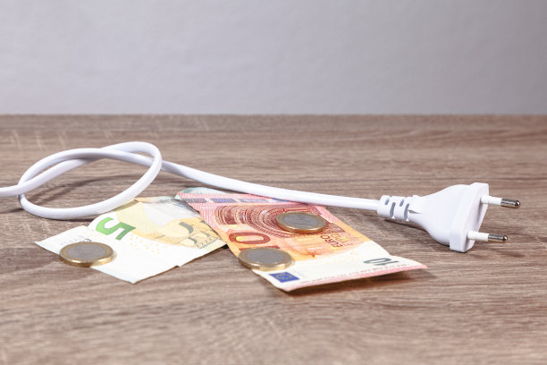 电源线，插头和钱放在桌子上图片下载