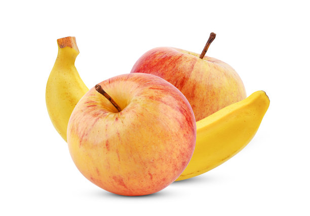 整个红苹果和香蕉分离在白色图片下载