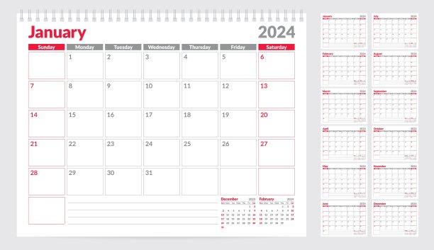 日历2024计划模板。一周从星期天开始。一套12个月。矢量图图片下载