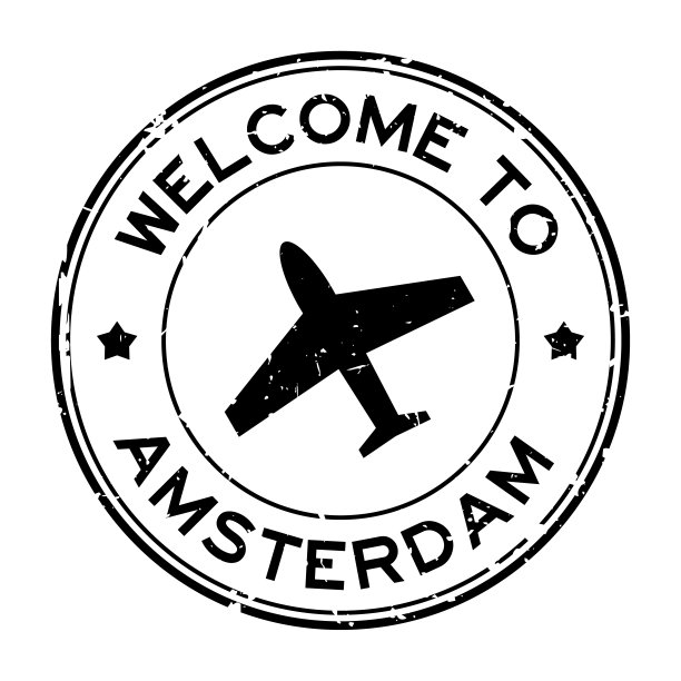 Grunge黑色欢迎来到阿姆斯特丹，白色背景上有飞机图标圆形橡胶印章图片下载