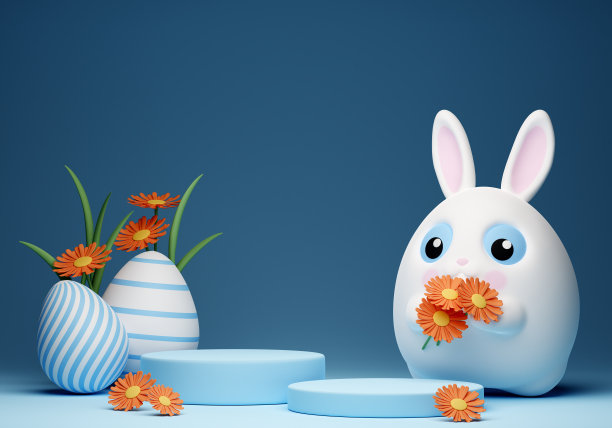 3d复活节快乐横幅与小可爱的小白兔与讲台图片下载
