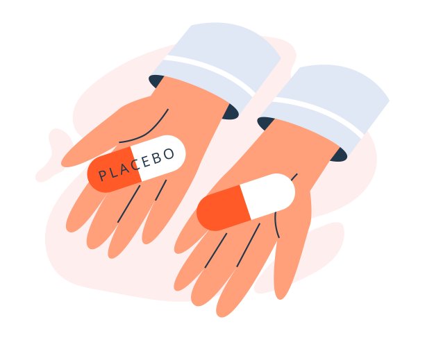安慰剂和真药之间的选择，药片在手中，平面矢量插图在白色背景上隔离。图片下载
