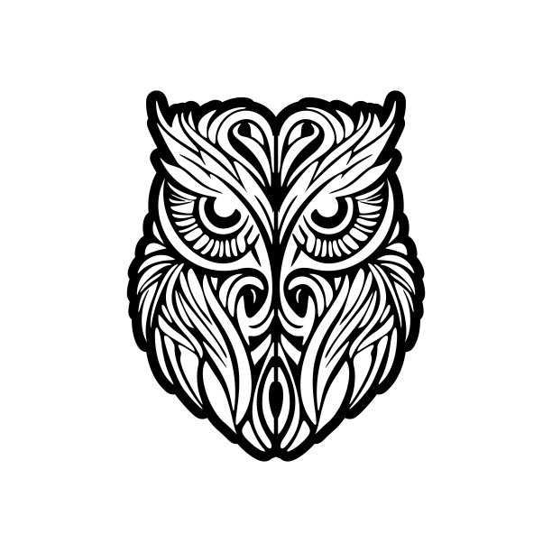 一个黑白相间的猫头鹰纹身，以波利尼西亚设计为特色。图片下载