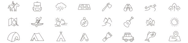 露营，国内和旅游细线网站图标集矢量插图。图片下载