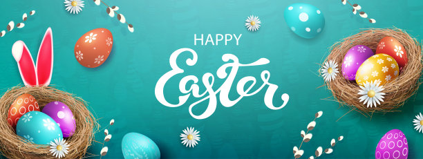 插图与复活节彩蛋在巢，柳枝图片下载