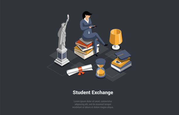 学生交换，青少年工作和旅行计划。女孩交换生选择出国留学的国家，智能手机放在一堆书上。等距3D卡通矢量插图图片下载