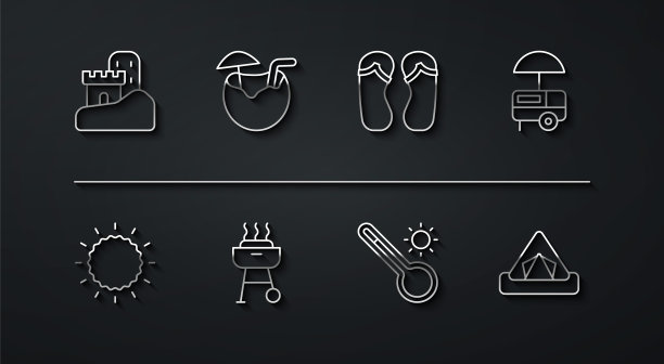 集线沙城堡，太阳，快速街头食品车，气象温度计，烧烤烧烤，椰子鸡尾酒，游客帐篷和人字拖图标。向量图片下载