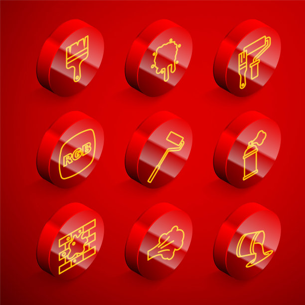 设置线油漆刷，喷漆，滚筒，RGB，罐，油漆房子和图标。向量图片下载