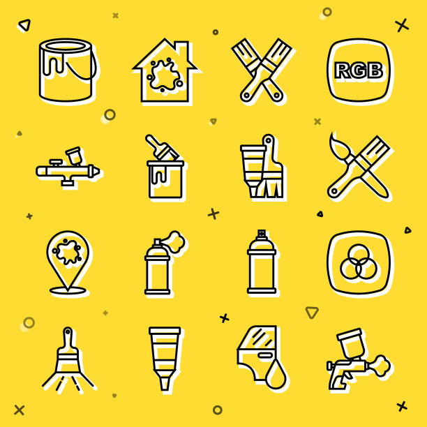 设置线喷漆枪，RGB和CMYK调色，刷，桶与，和管油漆图标。向量图片下载