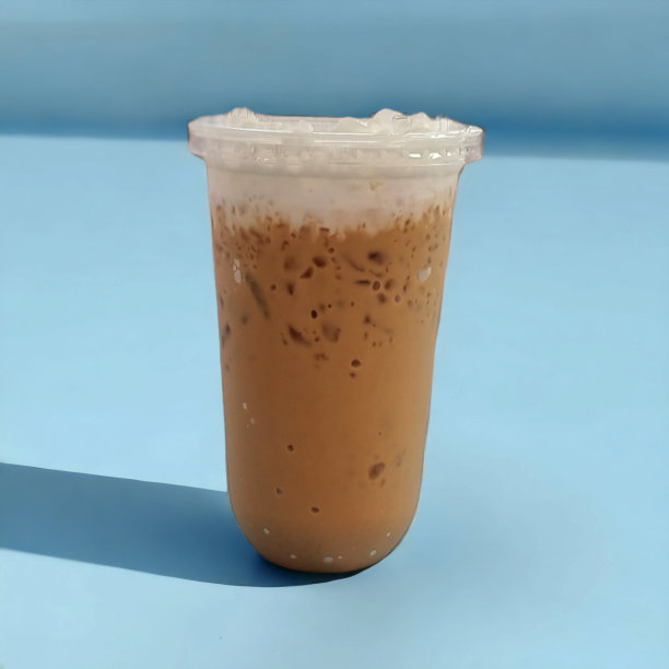 用透明塑料杯盛冰茶。蓝色背景带阴影图片下载