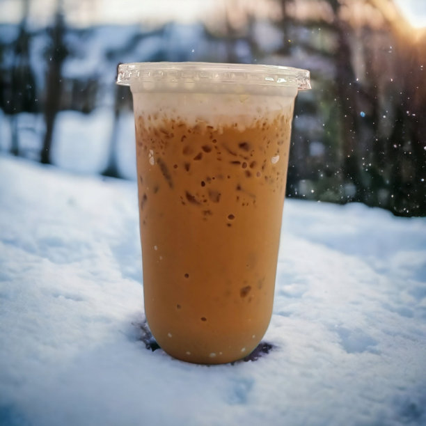 冰茶装在透明的塑料杯中，上面有牛奶泡沫。坐落在松林的雪地上。模糊的背景，专注于一杯冰茶图片下载