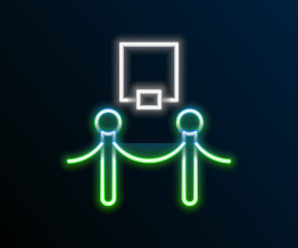 发光的霓虹灯线相框和绳屏障图标隔离在黑色背景上。展览的保护。博物馆画廊内部。彩色轮廓概念。向量图片下载