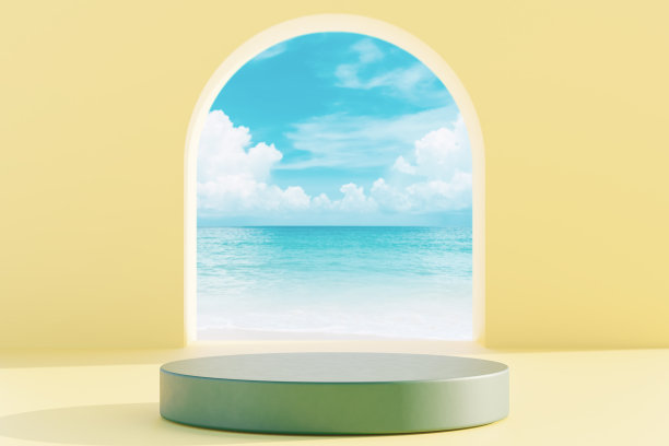沙滩上有蓝天白云抽象背景，3D平台带有复制空间，用于产品展示。热带夏季度假概念。平面渲染插画设计。图片下载