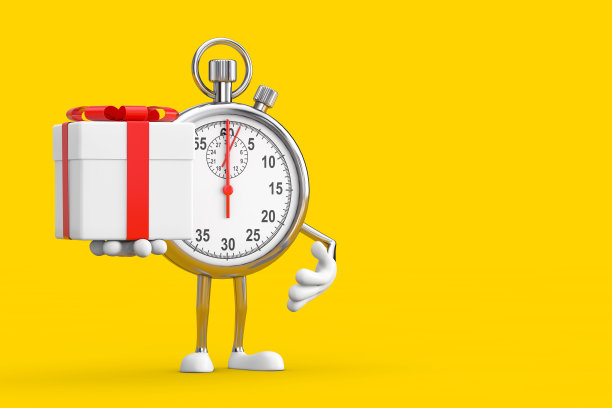 现代秒表卡通人物角色吉祥物和礼盒红丝带。3d渲染图片下载