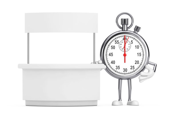 现代秒表卡通人物角色吉祥物附近的空白推广站与自由空间为您的设计。3d渲染图片下载