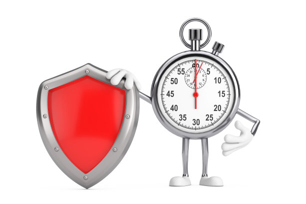 现代秒表卡通人物角色吉祥物与红色金属保护盾牌。3d渲染图片下载