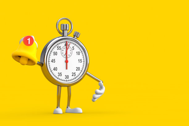 现代秒表卡通人物角色吉祥物卡通社交媒体通知钟和新的消息图标。3d渲染图片下载