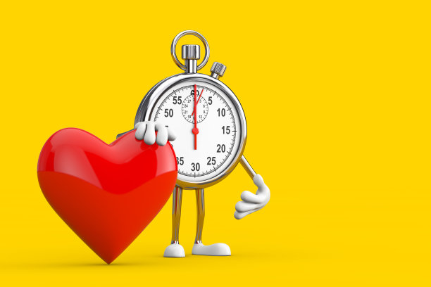 现代秒表卡通人物角色吉祥物与红心。3d渲染图片下载