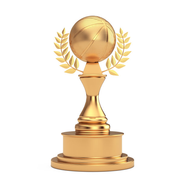 金奖奖杯与金篮球和桂冠。3d渲染图片下载