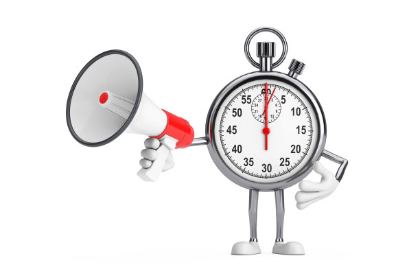 现代秒表卡通人物角色吉祥物与红色复古扩音器。3d渲染图片下载