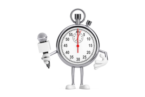 现代秒表卡通人物角色吉祥物与现代Chrome麦克风。3d渲染图片下载