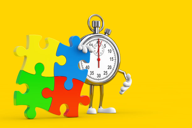 现代秒表卡通人物角色吉祥物与四块彩色拼图。3d渲染图片下载