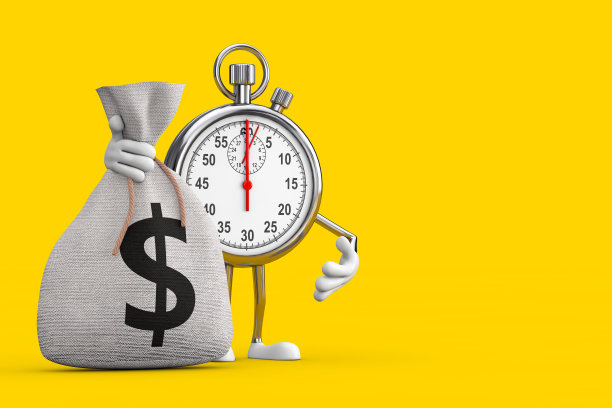 现代秒表卡通人物人物吉祥物与捆绑乡村帆布亚麻布钱袋或钱袋与美元标志。3d渲染图片下载
