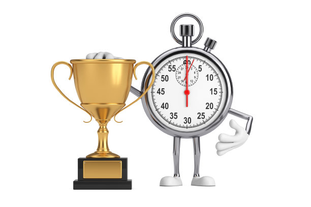 现代秒表卡通人物角色吉祥物与金奖奖杯。3d渲染图片下载