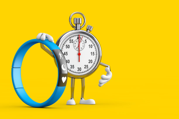 现代秒表卡通人物角色吉祥物与蓝色健身追踪器。3d渲染图片下载