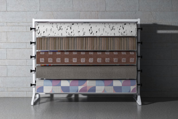 带地毯店展示架的地毯样品。3d渲染图片下载