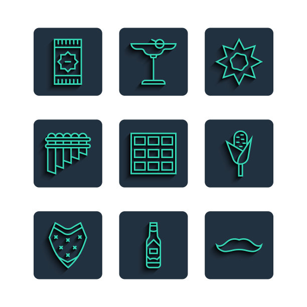 设置线雨披，塔巴斯科沙司，胡子，太阳，巧克力棒，排箫，墨西哥地毯和玉米图标。向量图片下载